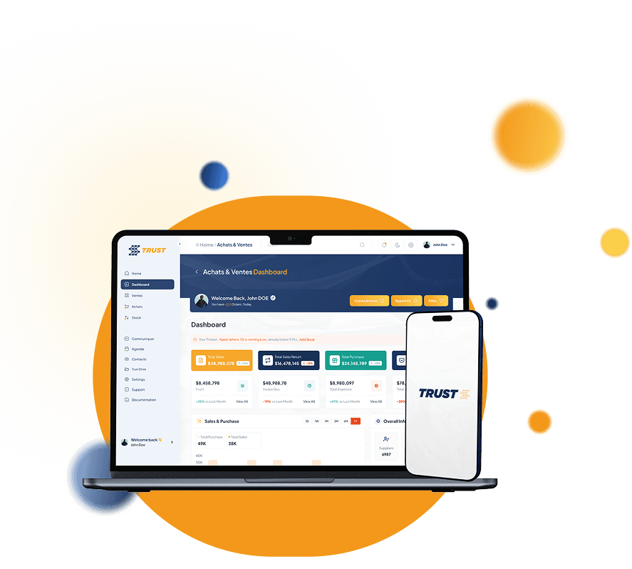 Interface TRUST ERP sur ordinateur et mobile